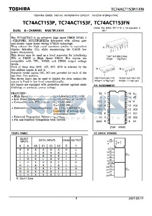 TC74ACT153P datasheet - DUAL 4 CHANNEL MULTIPLEXER