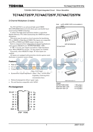 TC74ACT257FN datasheet - CMOS Digital Integrated Circuit Silicon Monolithic 2-Channel Multiplexer (3-state)