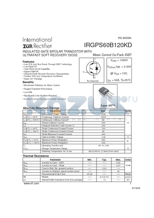 IRGPS60B120KD datasheet - INSULATED GATE BIPOLAR TRANSISTOR WITH ULTRAFAST SOFT RECOVERY DIODE