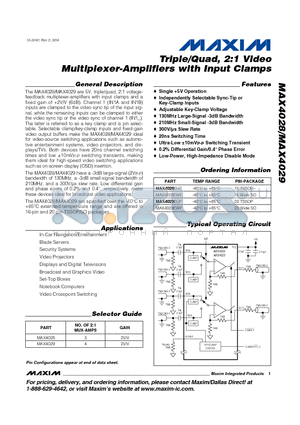 MAX4028-MAX4029 datasheet - Triple/Quad, 2:1 Video Multiplexer-Amplifiers with Input Clamps