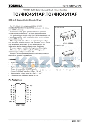 TC74HC4511AP datasheet - CMOS Digital Integrated Circuit Silicon Monolithic BCD-to-7 Segment Latch/Decoder/Driver