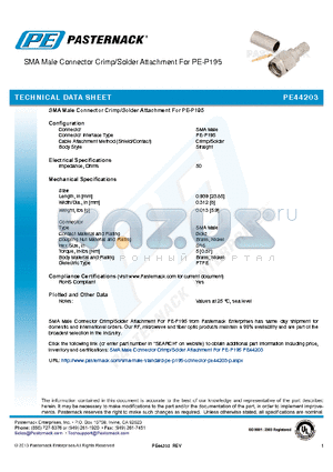 PE44203 datasheet - SMA Male Connector Crimp/Solder Attachment For PE-P195