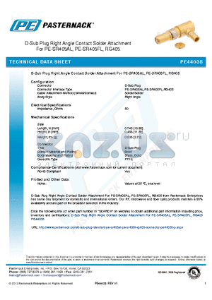 PE44038 datasheet - D-Sub Plug Right Angle Contact Solder Attachment For PE-SR405AL, PE-SR405FL, RG405