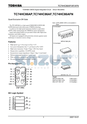 TC74HC86AF datasheet - CMOS Digital Integrated Circuit Silicon Monolithic Quad Exclusive OR Gate
