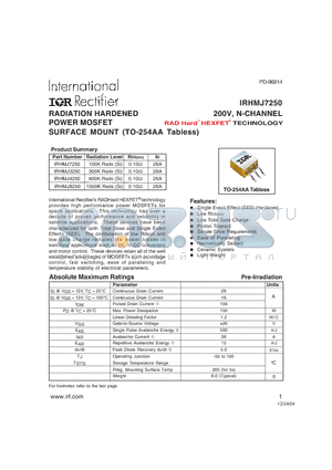 IRHMJ3250 datasheet - RADIATION HARDENED POWER MOSFET SURFACE MOUNT (TO-254AA Tabless)