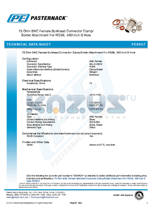 PE4637 datasheet - 75 Ohm BNC Female Bulkhead Connector Clamp/ Solder Attachment For RG59, .480 inch D Hole