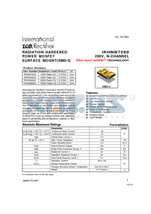 IRHNB7260 datasheet - RADIATION HARDENED POWER MOSFET SURFACE MOUNT(SMD-3)