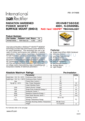 IRHNB7360SE datasheet - RADIATION HARDENED POWER MOSFET SURFACE MOUNT (SMD-3)