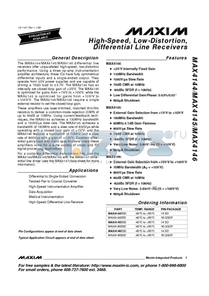 MAX4146EEE datasheet - High-Speed, Low-Distortion, Differential Line Receivers