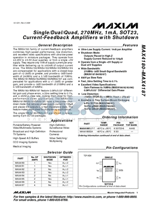 MAX4180 datasheet - Single/Dual/Quad, 270MHz, 1mA, SOT23, Current-Feedback Amplifiers with Shutdown