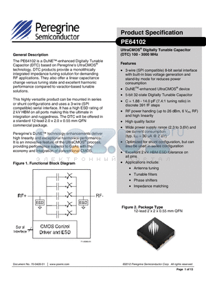PE64102 datasheet - UltraCMOS^ Digitally Tunable Capacitor (DTC) 100 - 3000 MHz
