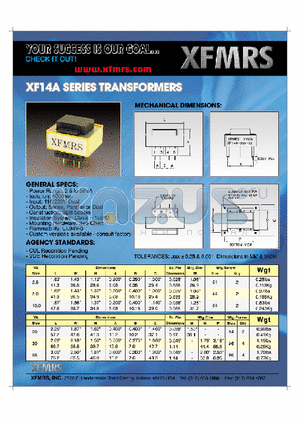 XF14A-20-20 datasheet - XF14A SERIES TRANSFORMER