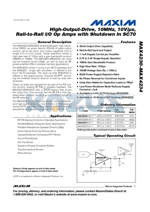 MAX4230AXK-T datasheet - High-Output-Drive, 10MHz, 10V/Us, Rail-to-Rail I/O Op Amps with Shutdown in SC70