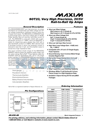 MAX4237 datasheet - SOT23, Very High Precision, 3V/5V Rail-to-Rail Op Amps