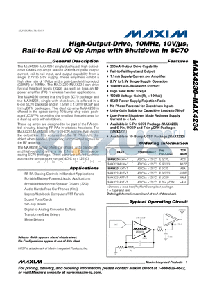 MAX4234 datasheet - High-Output-Drive, 10MHz, 10V/us, Rail-to-Rail I/O Op Amps with Shutdown in SC70