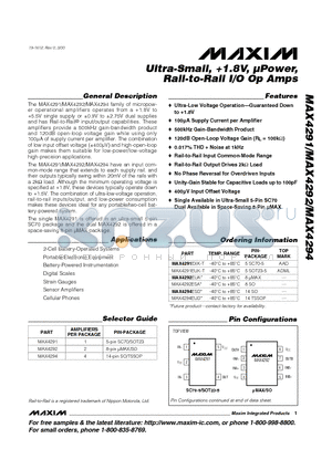 MAX4292 datasheet - Ultra-Small, 1.8V, lPower, Rail-to-Rail I/O Op Amps
