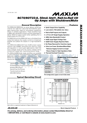 MAX4335EXT-T datasheet - SC70/SOT23-8, 50mA IOUT, Rail-to-Rail I/O Op Amps with Shutdown/Mute