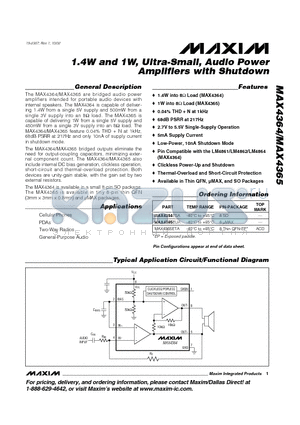 MAX4365ETA datasheet - 1.4W and 1W, Ultra-Small, Audio Power Amplifiers with Shutdown