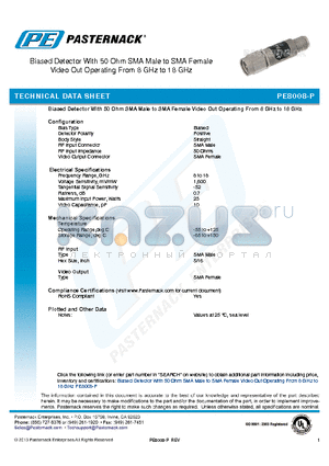 PE8008-P datasheet - Biased Detector With 50 Ohm SMA Male to SMA Female Video Out Operating From 8 GHz to 18 GHz