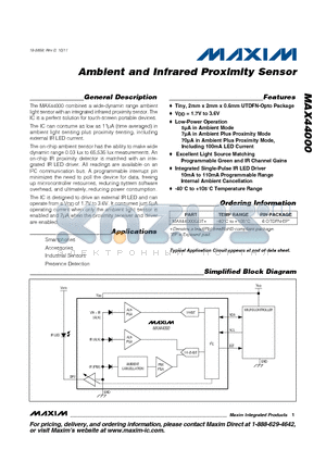 MAX44000 datasheet - Ambient and Infrared Proximity Sensor