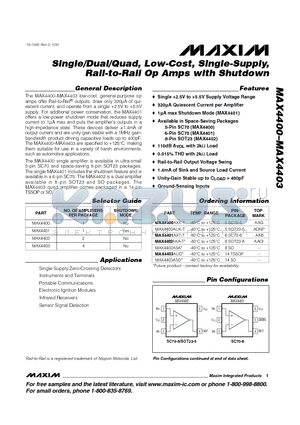 MAX4401 datasheet - Single/Dual/Quad, Low-Cost, Single-Supply, Rail-to-Rail Op Amps with Shutdown