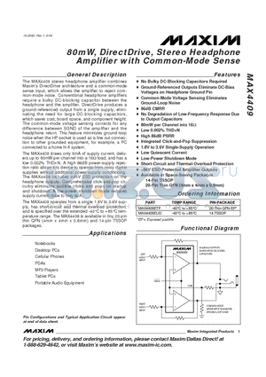 MAX4409ETP datasheet - 80mW, DirectDrive Stereo Headphone Amplifier with Common-Mode Sense