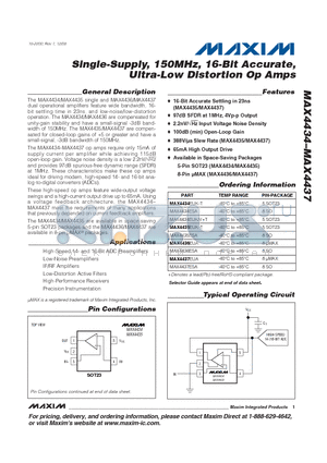 MAX4435 datasheet - Single-Supply, 150MHz, 16-Bit Accurate, Ultra-Low Distortion Op Amps