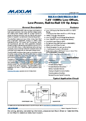 MAX44260 datasheet - 1.8V 15MHz Low-Offset, Low-Power, Rail-to-Rail I/O Op Amps
