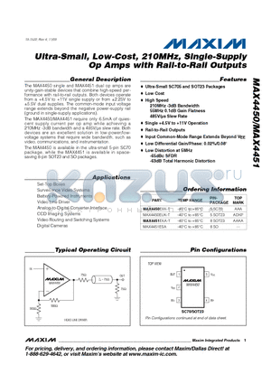 MAX4450EUK-T datasheet - Ultra-Small, Low-Cost, 210MHz, Single-Supply Op Amps with Rail-to-Rail Outputs