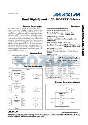 MAX4427CPA datasheet - Dual High-Speed 1.5A MOSFET Drivers