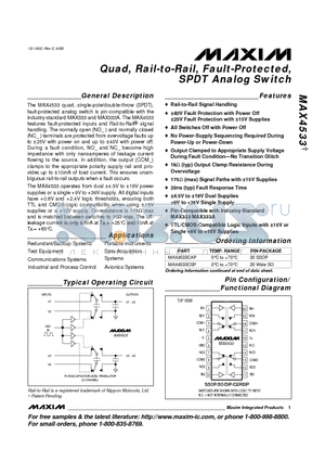 MAX4533CAP datasheet - Quad, Rail-to-Rail, Fault-Protected, SPDT Analog Switch