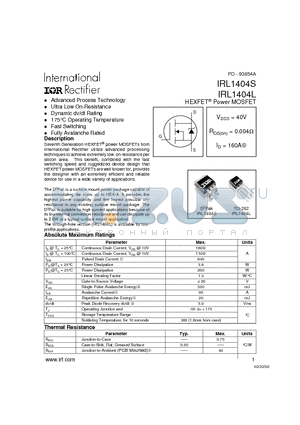 IRL1404S datasheet - HEXFET-R Power MOSFET