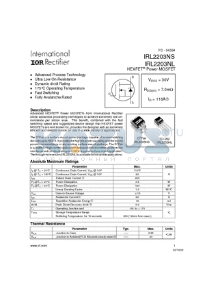 IRL2203NS datasheet - Power MOSFET(Vdss=30V, Rds(on)=7.0mohm, Id=116A)