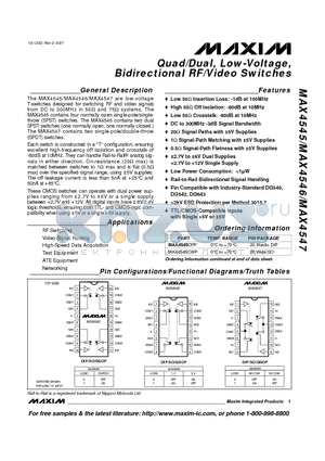 MAX4545EPP datasheet - Quad/Dual, Low-Voltage, Bidirectional RF/Video Switches