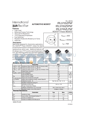 IRL3705ZSPBF datasheet - HEXFET^ Power MOSFET