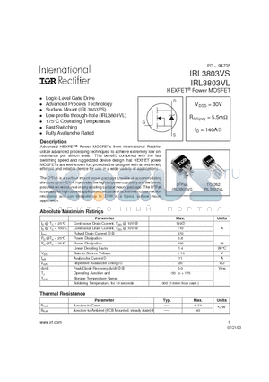 IRL3803VS datasheet - HEXFET Power MOSFET