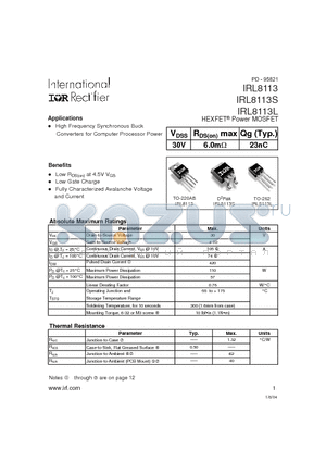 IRL8113S datasheet - HEXFET Power MOSFET