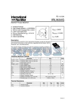 IRLI630G datasheet - Power MOSFET(Vdss=200V, Rds(on)=0.40ohm, Id=6.2A)