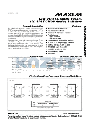 MAX4594EXK-T datasheet - Low-Voltage, Single-Supply, 10 SPST CMOS Analog Switches