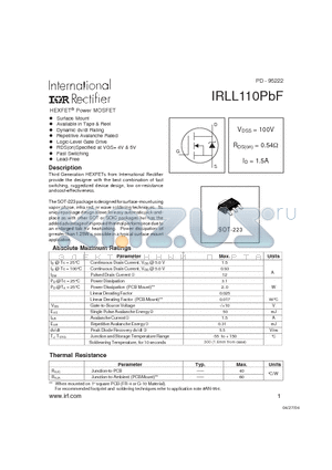 IRLL110PBF datasheet - HEXFET^ Power MOSFET