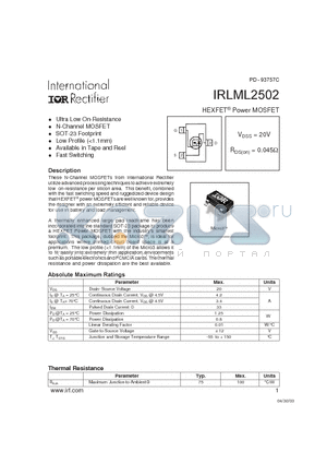 IRLML2502 datasheet - HEXFET Power MOSFET