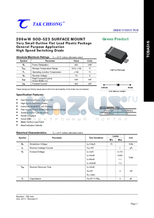 TCBAS16 datasheet - 200mW SOD-523 SURFACE MOUNT High Speed Switching Diode