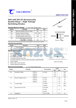 TCBAV21 datasheet - 500 mW DO-35 Hermetically Sealed Glass - High Voltage Switching Diodes