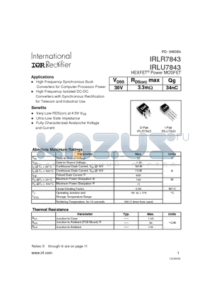 IRLR7843 datasheet - HEXFET Power MOSFET