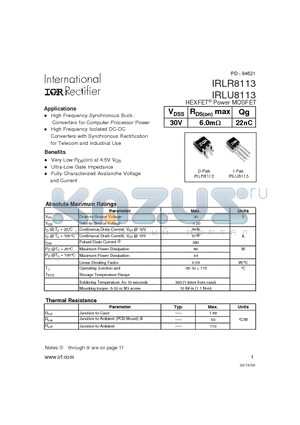 IRLU8113 datasheet - HEXFET Power MOSFET