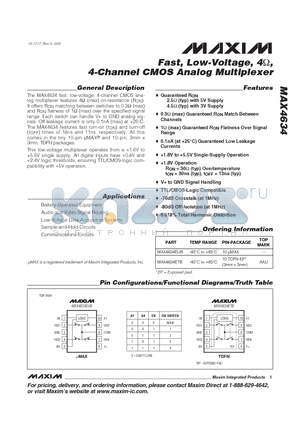 MAX4634 datasheet - Fast, Low-Voltage, 4Y, 4-Channel CMOS Analog Multiplexer