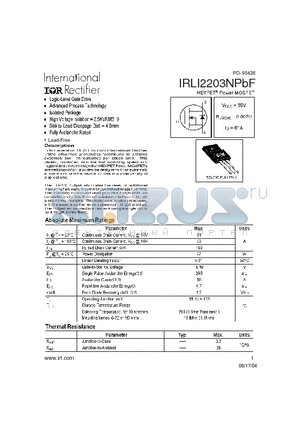 IRLI2203NPBF datasheet - HEXFET Power MOSFET