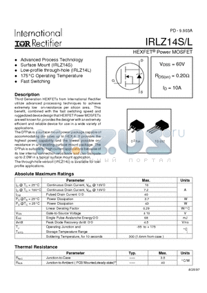 IRLZ14SL datasheet - Power MOSFET(Vdss=60V, Rds(on)=0.20ohm, Id=10A)