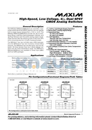 MAX4642EUA datasheet - High-Speed, Low-Voltage, 4, Dual SPST CMOS Analog Switches