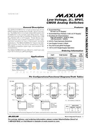 MAX4707EXK-T datasheet - Low-Voltage, 2ohm, SPST, CMOS Analog Switches